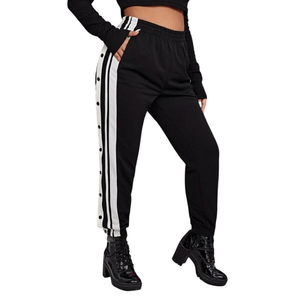 Vertical Striped Button Side Pants in Black, Size 1XL